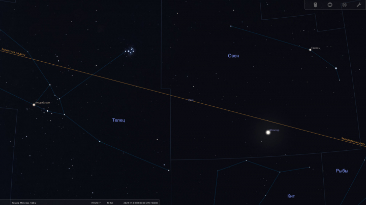 Юпитер и Уран в созвездии Овна в ночь ближайшего противостояния Юпитера — со 2 на 3 ноября 2023 года  