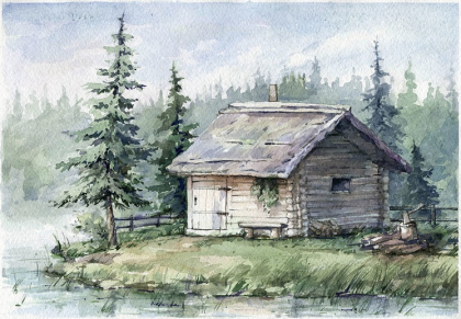 Картина акварелью «Баня в лесу»