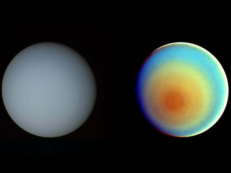 Изображения Урана, сделанные космическим аппаратом «Вояджер-2&quot;» снятые с расстояния 5,7 миллионов миль. Слева - в естественных цветах, слева - в искусственных цветах, чтобы подчеркнуть атмосферные особенности на планете